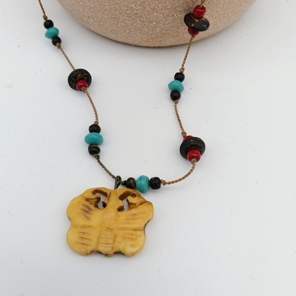 Vintage 1970’s Resin Butterfly Glass Beaded Boho Hippy Necklace - Picture 1 of 6